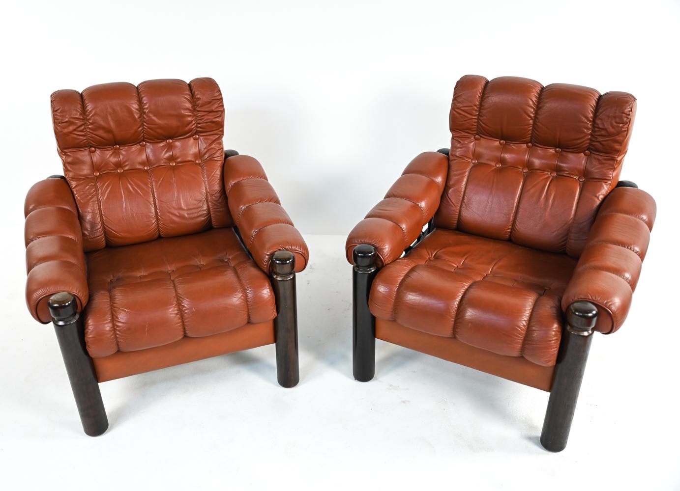 Pair of Swedish Mid-Century Leather & Stained Wood Lounge Chairs 7