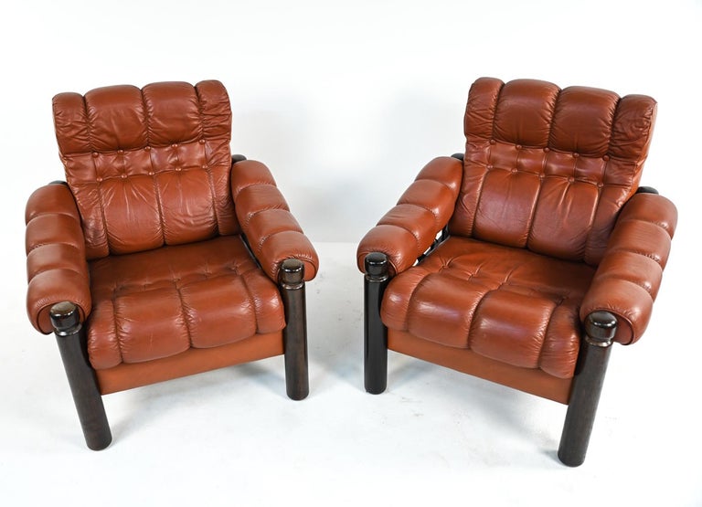 Pair of Swedish Mid-Century Leather & Stained Wood Lounge Chairs For Sale 7