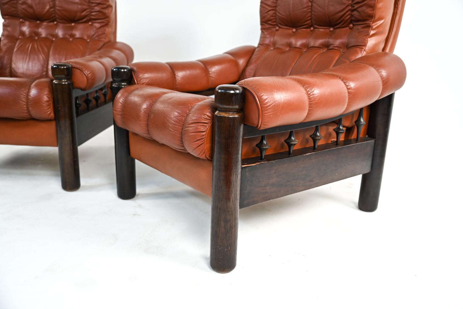Pair of Swedish Mid-Century Leather & Stained Wood Lounge Chairs 8