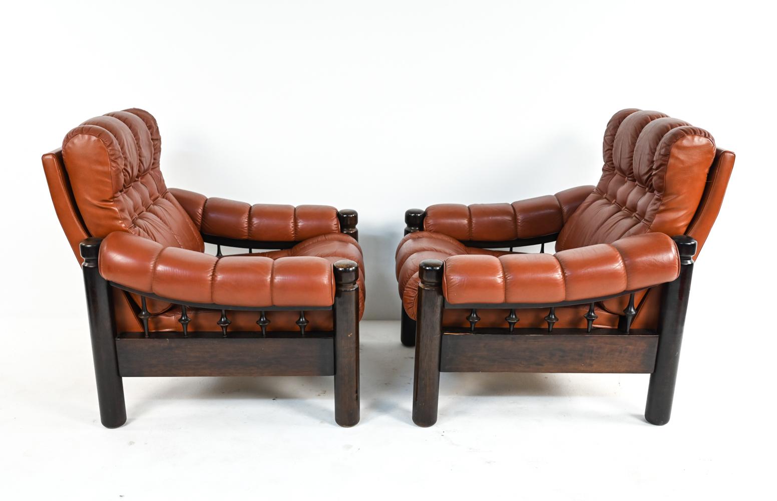 Pair of Swedish Mid-Century Leather & Stained Wood Lounge Chairs 11