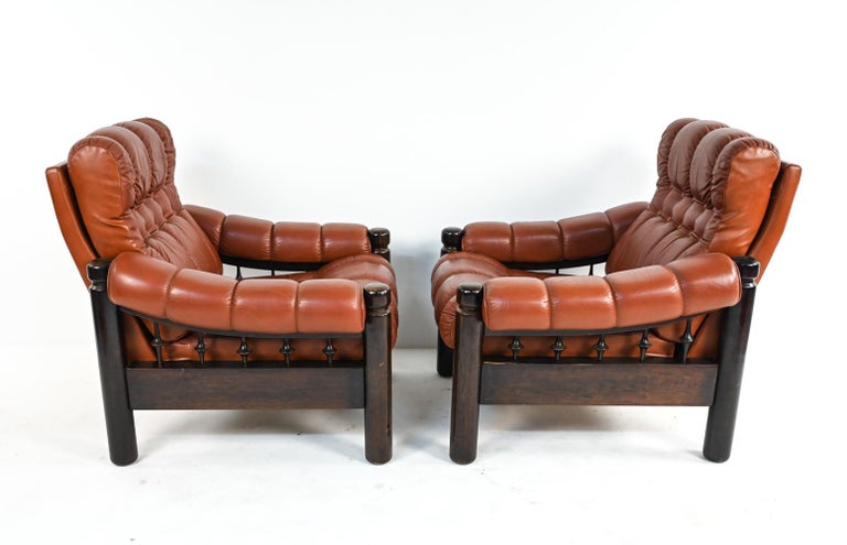 Pair of Swedish Mid-Century Leather & Stained Wood Lounge Chairs For Sale 11