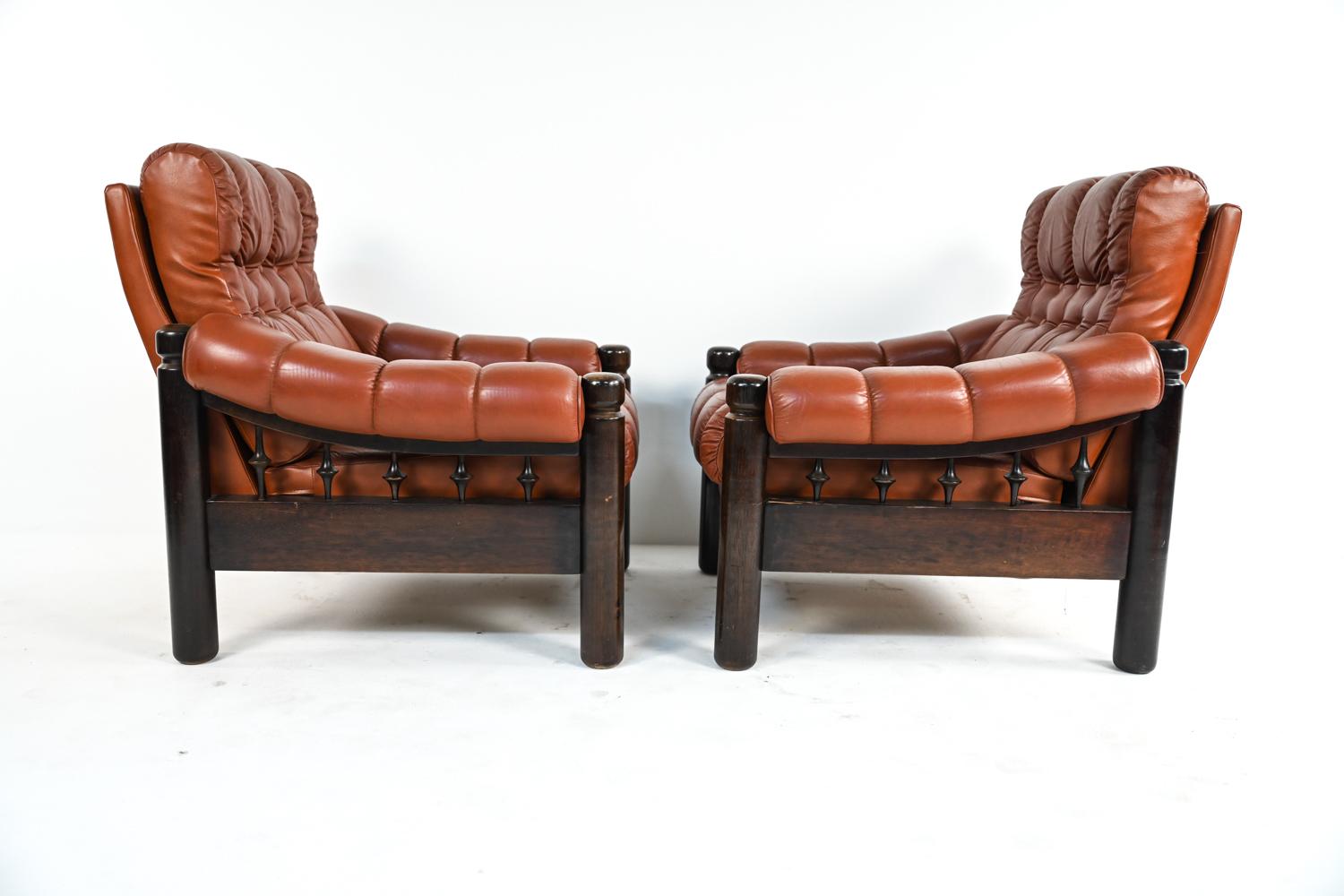 Pair of Swedish Mid-Century Leather & Stained Wood Lounge Chairs 12