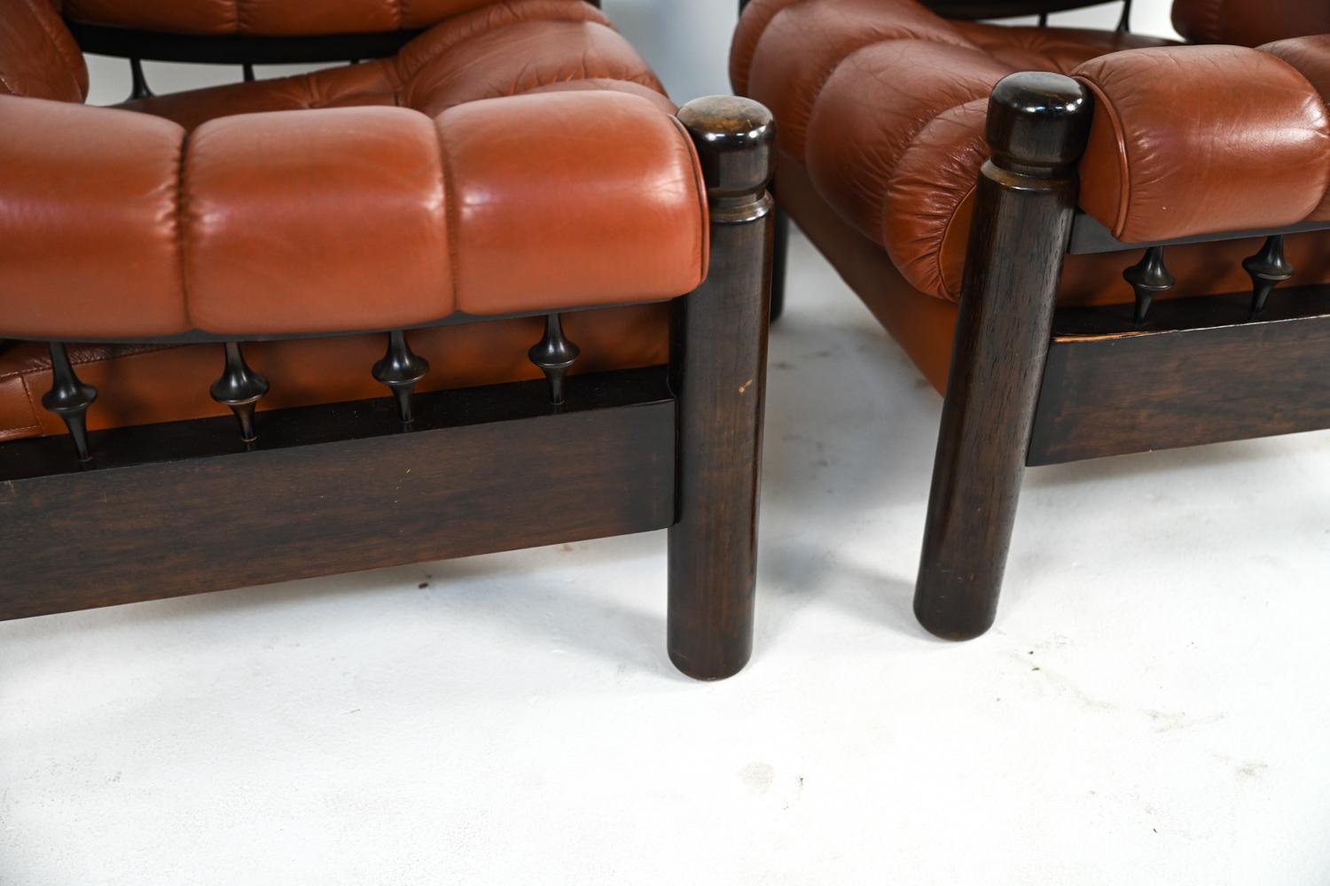 Pair of Swedish Mid-Century Leather & Stained Wood Lounge Chairs 13