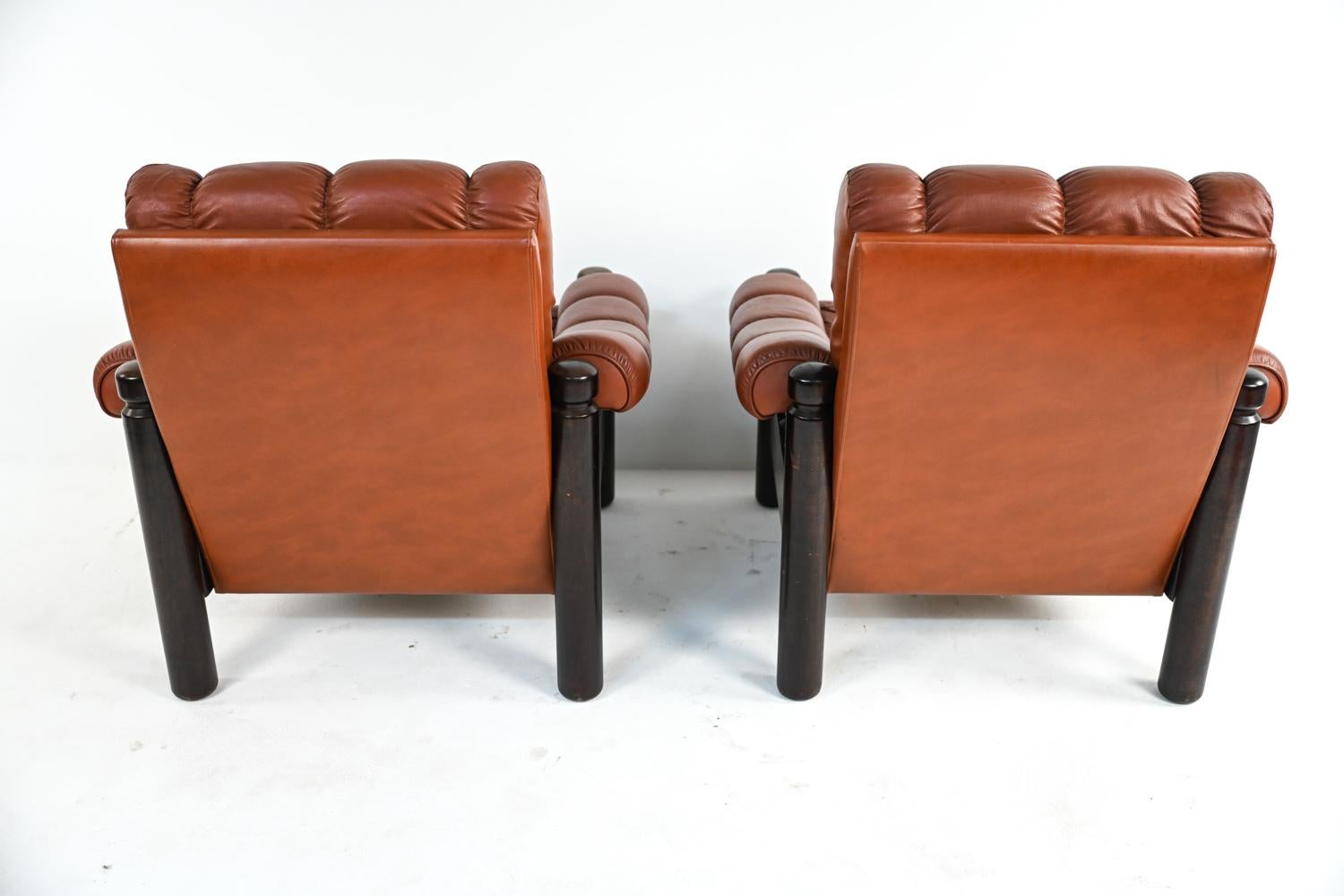 Pair of Swedish Mid-Century Leather & Stained Wood Lounge Chairs 14