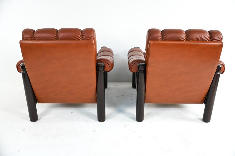Pair of Swedish Mid-Century Leather & Stained Wood Lounge Chairs For Sale 14