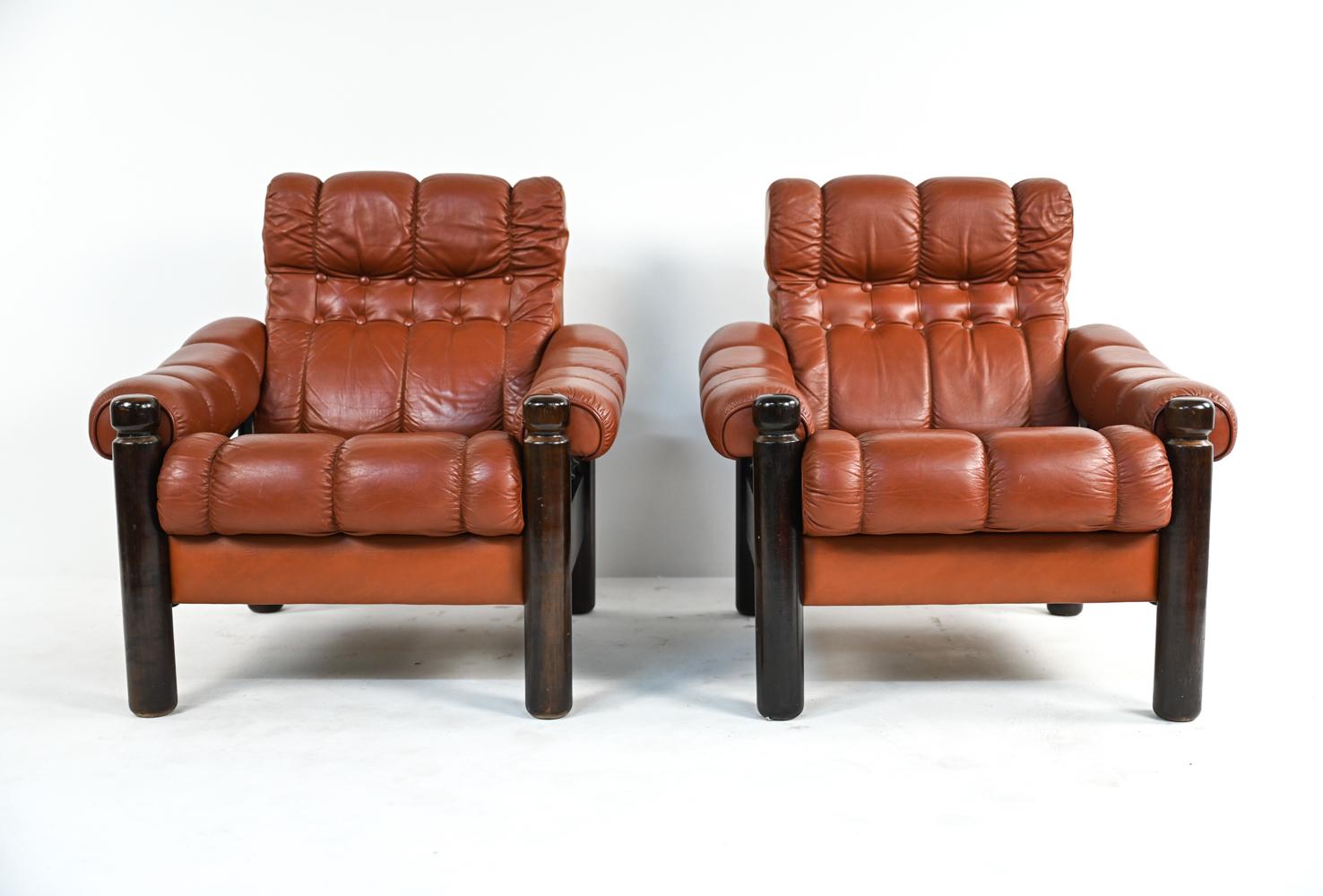 Mid-Century Modern Pair of Swedish Mid-Century Leather & Stained Wood Lounge Chairs