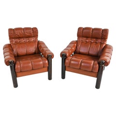 Vintage Pair of Swedish Mid-Century Leather & Stained Wood Lounge Chairs