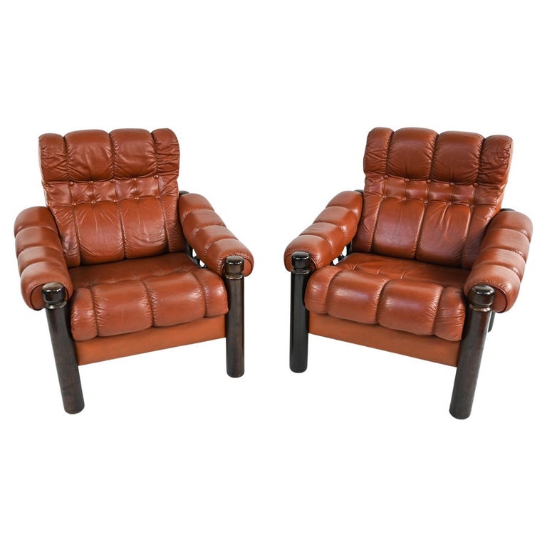 Pair of Swedish Mid-Century Leather & Stained Wood Lounge Chairs For Sale