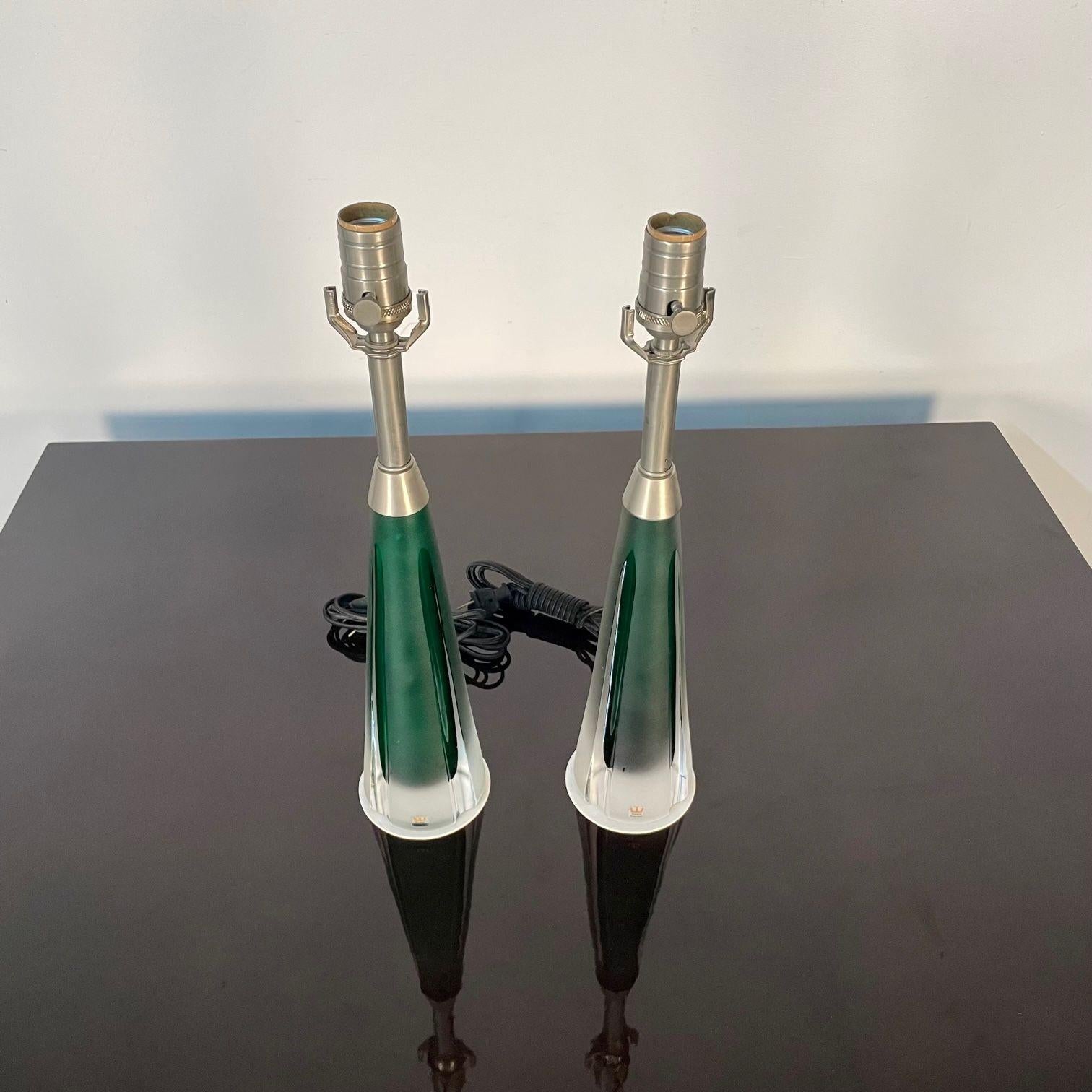 Glass Pair of Swedish Mid-Century Modern Jade Green Kosta Lamps, Perfume Bottle Shape For Sale