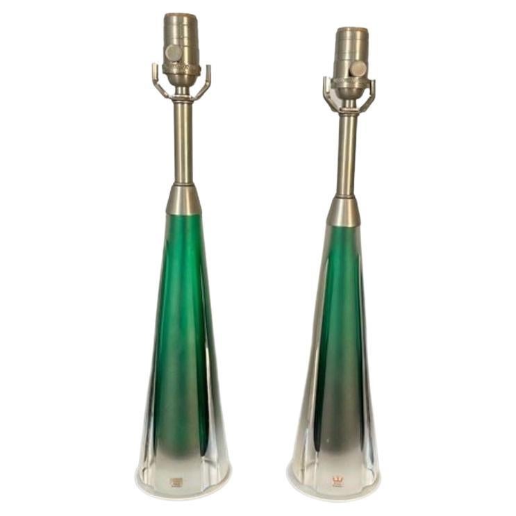 Pair of Swedish Mid-Century Modern Jade Green Kosta Lamps, Perfume Bottle Shape For Sale