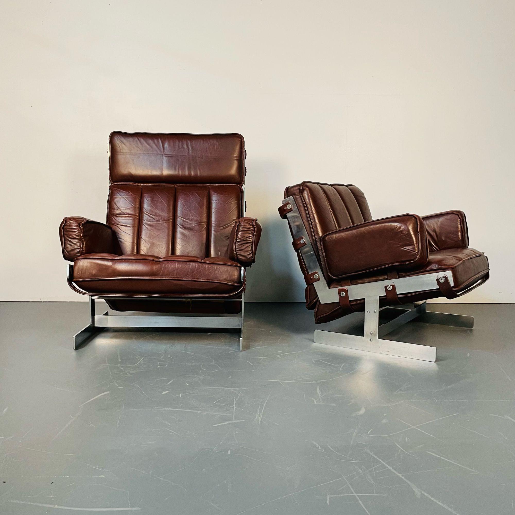 Arne Norell, Swedish Mid-Century Modern Lounge Chairs, Leather, Steel, 1960s In Good Condition For Sale In Stamford, CT