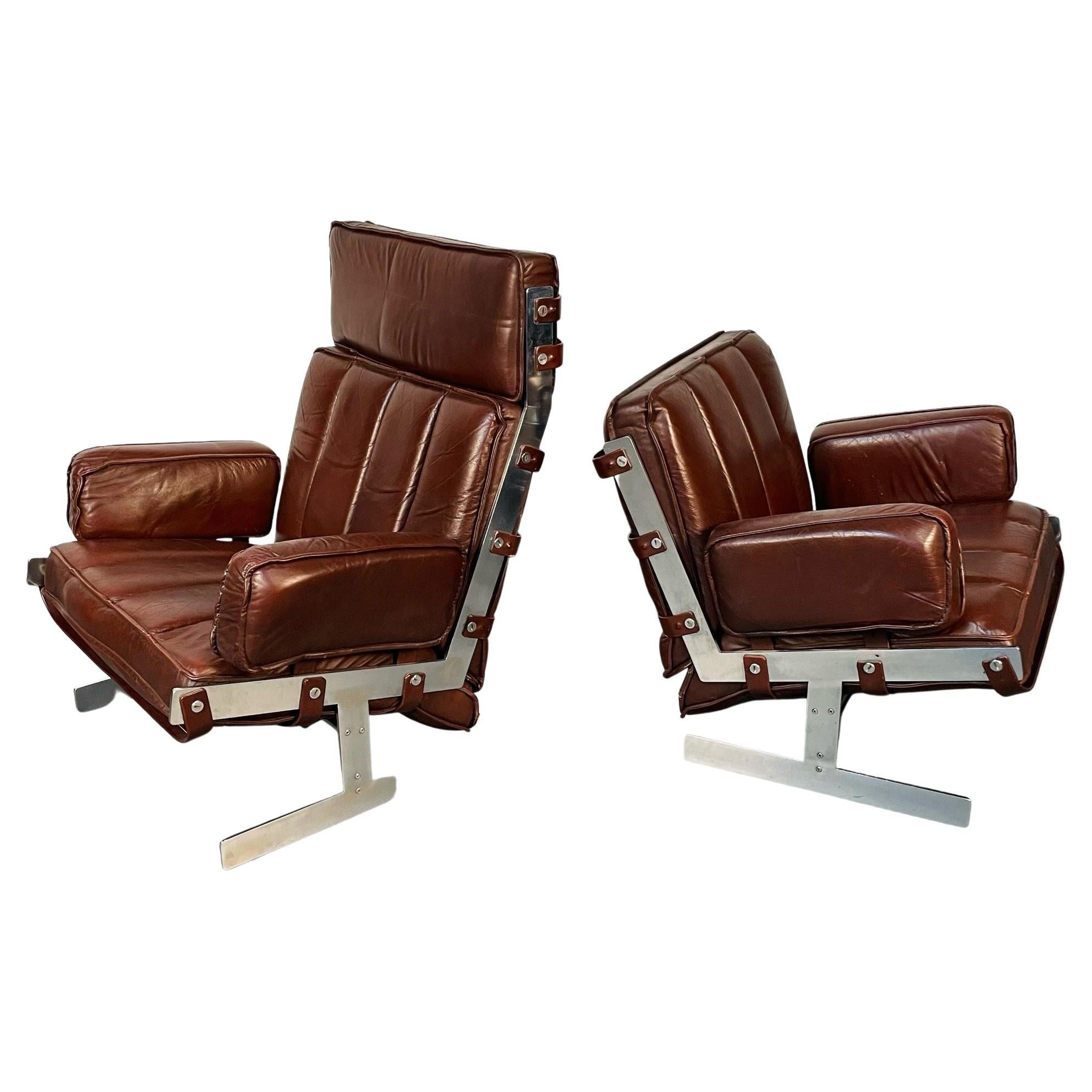 Arne Norell, Swedish Mid-Century Modern Lounge Chairs, Leather, Steel, 1960s For Sale