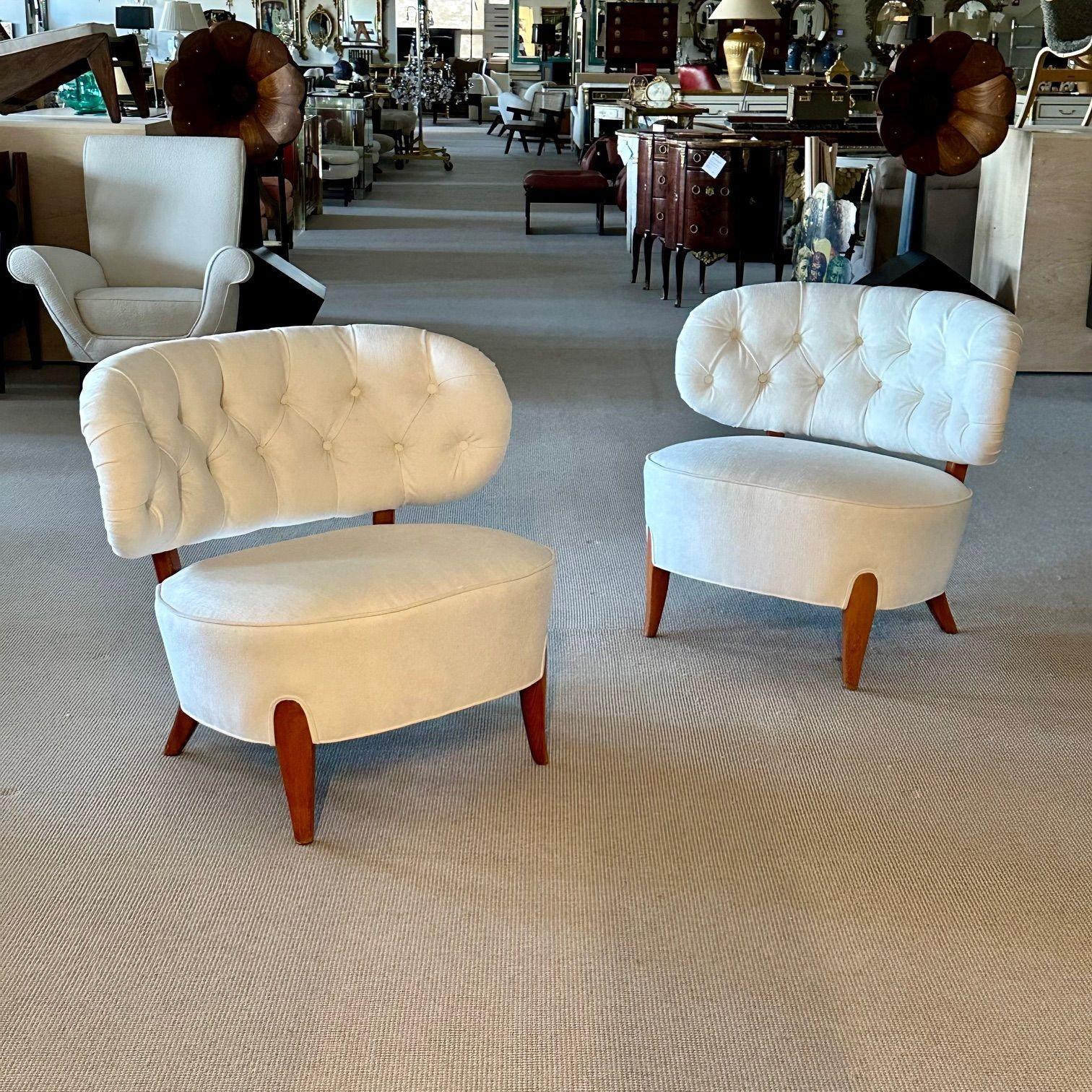 Otto Schulz, Mid-Century Lounge Chairs, White Velvet, Beech, Sweden, 1940s For Sale 8