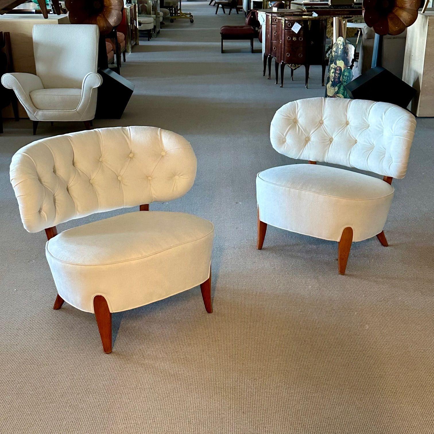 Otto Schulz, Mid-Century Lounge Chairs, White Velvet, Beech, Sweden, 1940s For Sale 9