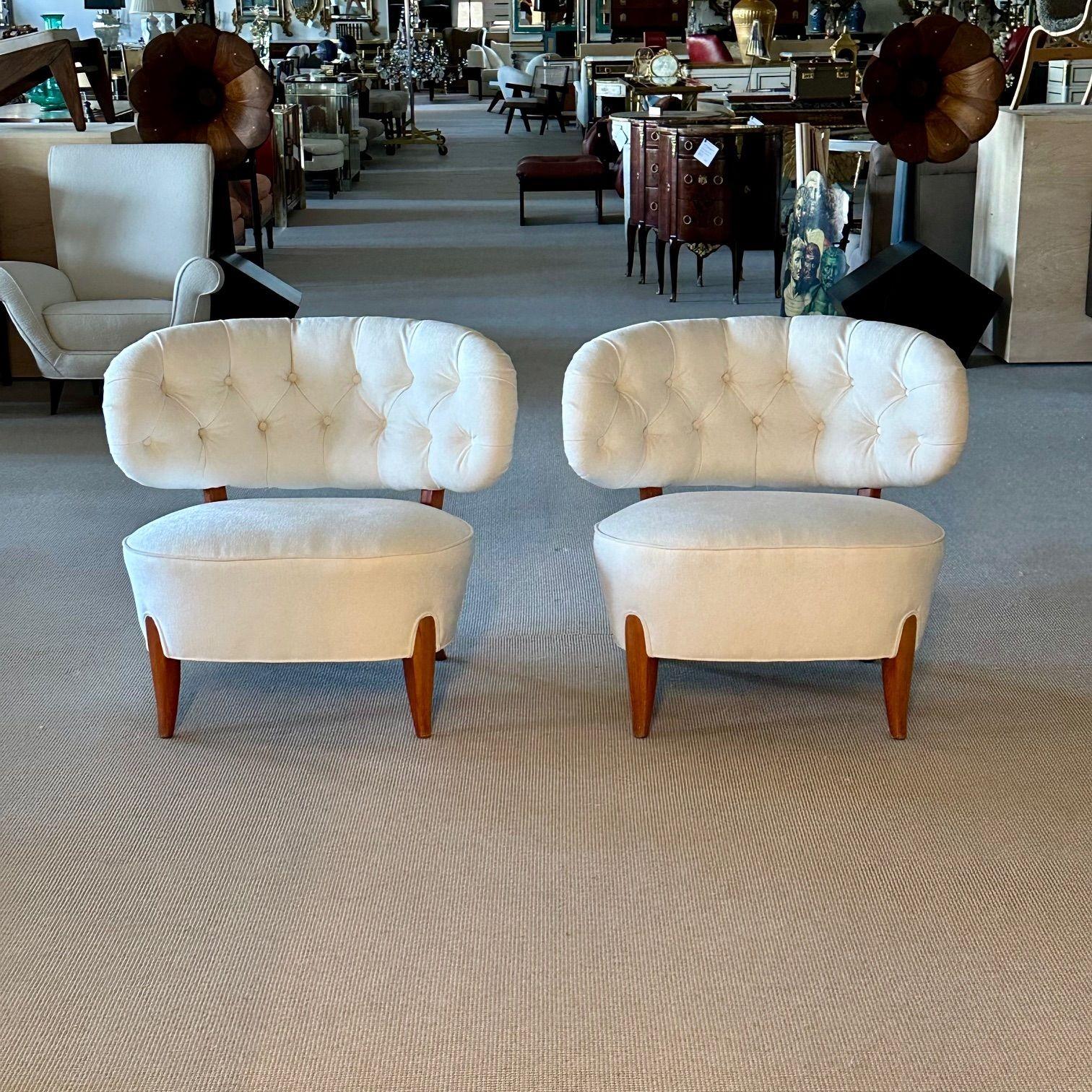 Otto Schulz, Mid-Century Lounge Chairs, White Velvet, Beech, Sweden, 1940s 11