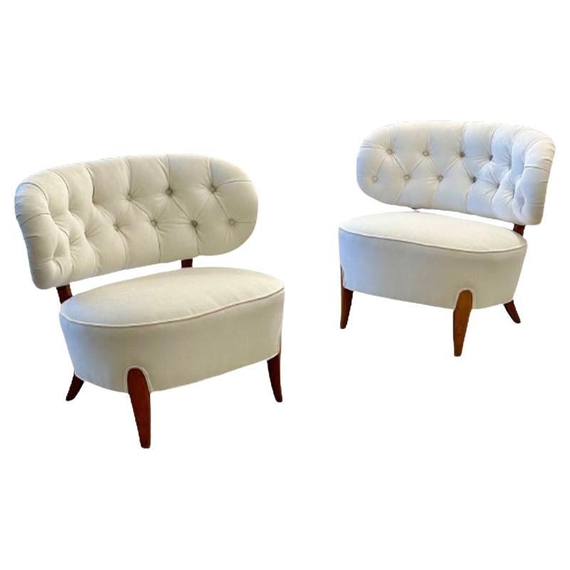 Otto Schulz, Mid-Century Lounge Chairs, White Velvet, Beech, Sweden, 1940s For Sale