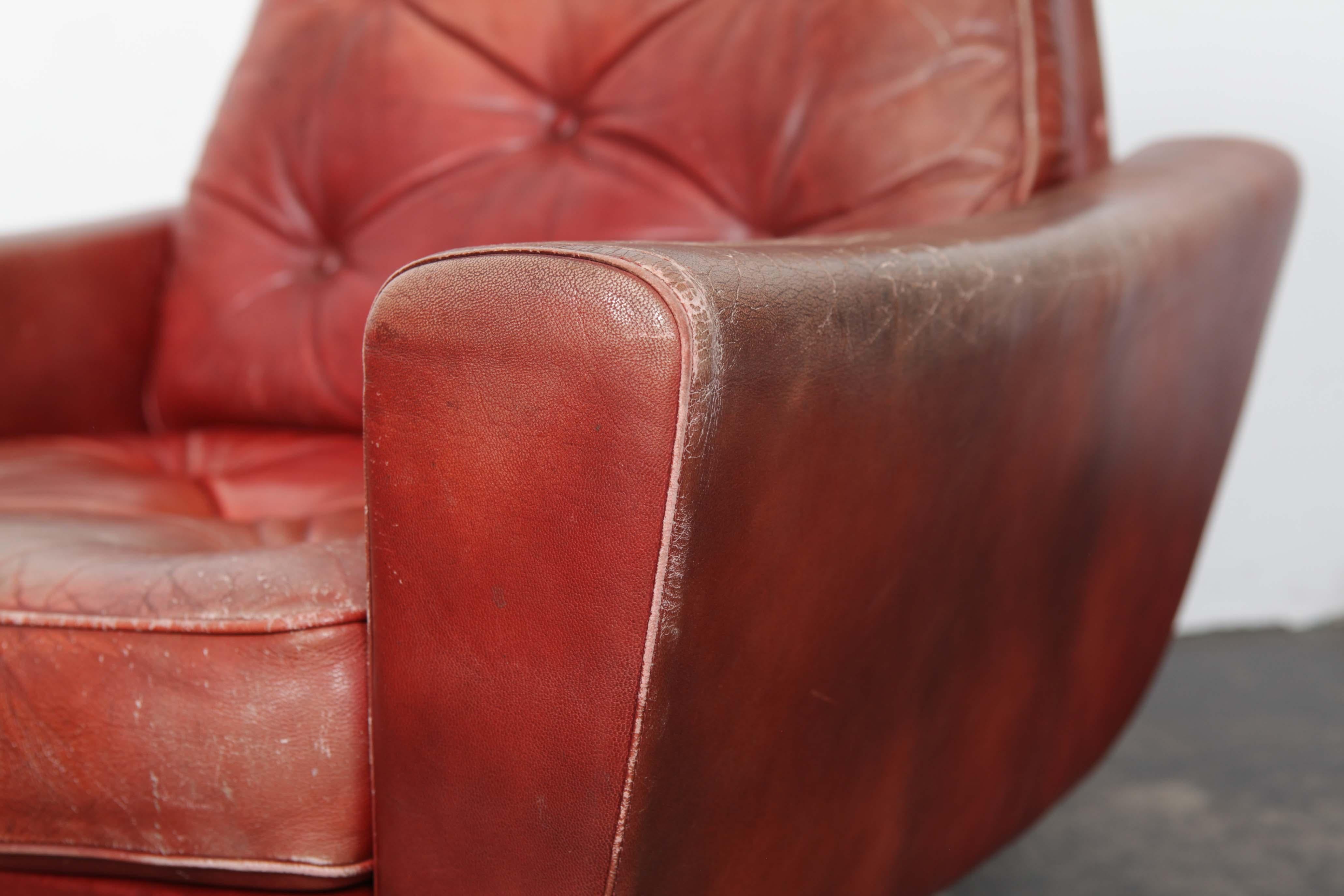 Pair of Swedish Mid-Century Modern Red Leather Swivel Lounge Chairs 12