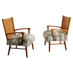 Pair of Swedish Mid Century Modern Wooden Armchairs in Pine & Sheepskin, 1940s