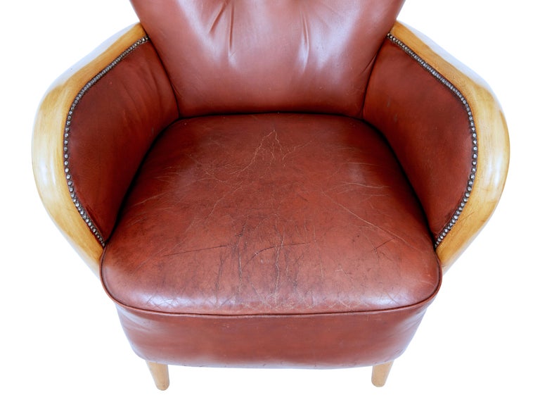 Pair of Swedish Mid Century Shaped Leather Armchairs For Sale at 1stDibs