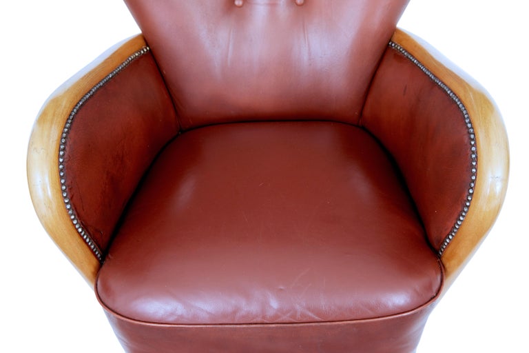 Pair of Swedish Mid Century Shaped Leather Armchairs For Sale at 1stDibs