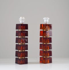Pair of Swedish Mid-century Table Lamps in Glass and Brass