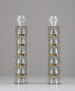 Pair of Swedish Mid-Century Table Lamps in Glass and Brass