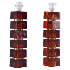 Pair of Swedish Mid-century Table Lamps in Glass and Brass