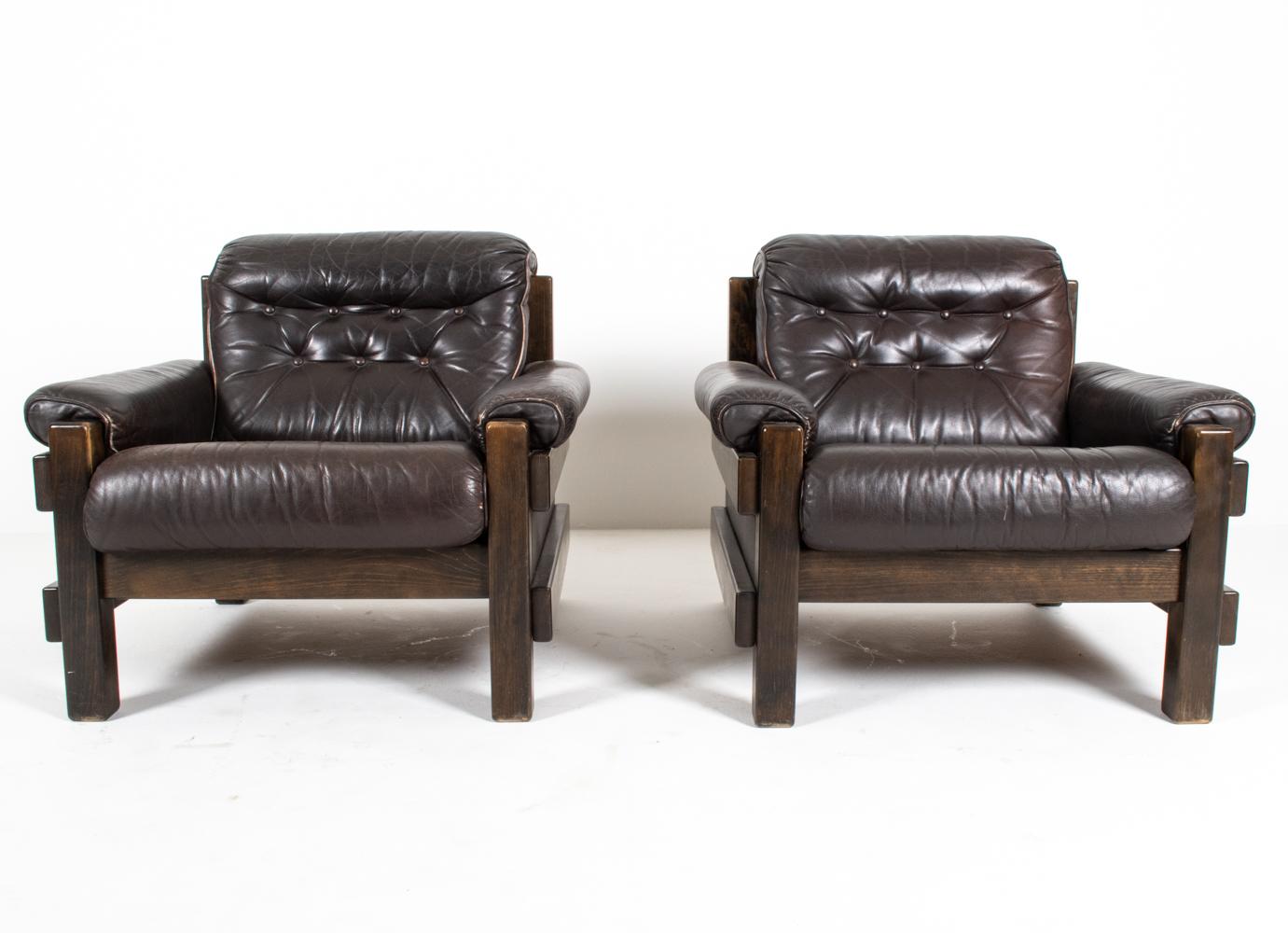 Scandinavian Modern Pair of Swedish Mid-Century Tufted Leather Lounge Chairs by Ikea, 1970's For Sale
