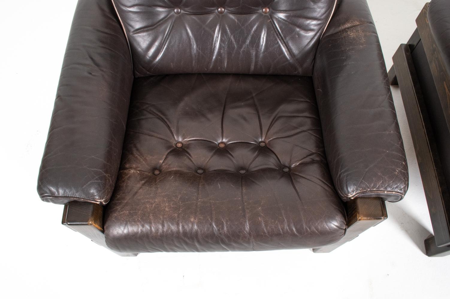 Pair of Swedish Mid-Century Tufted Leather Lounge Chairs by Ikea, 1970's For Sale 1