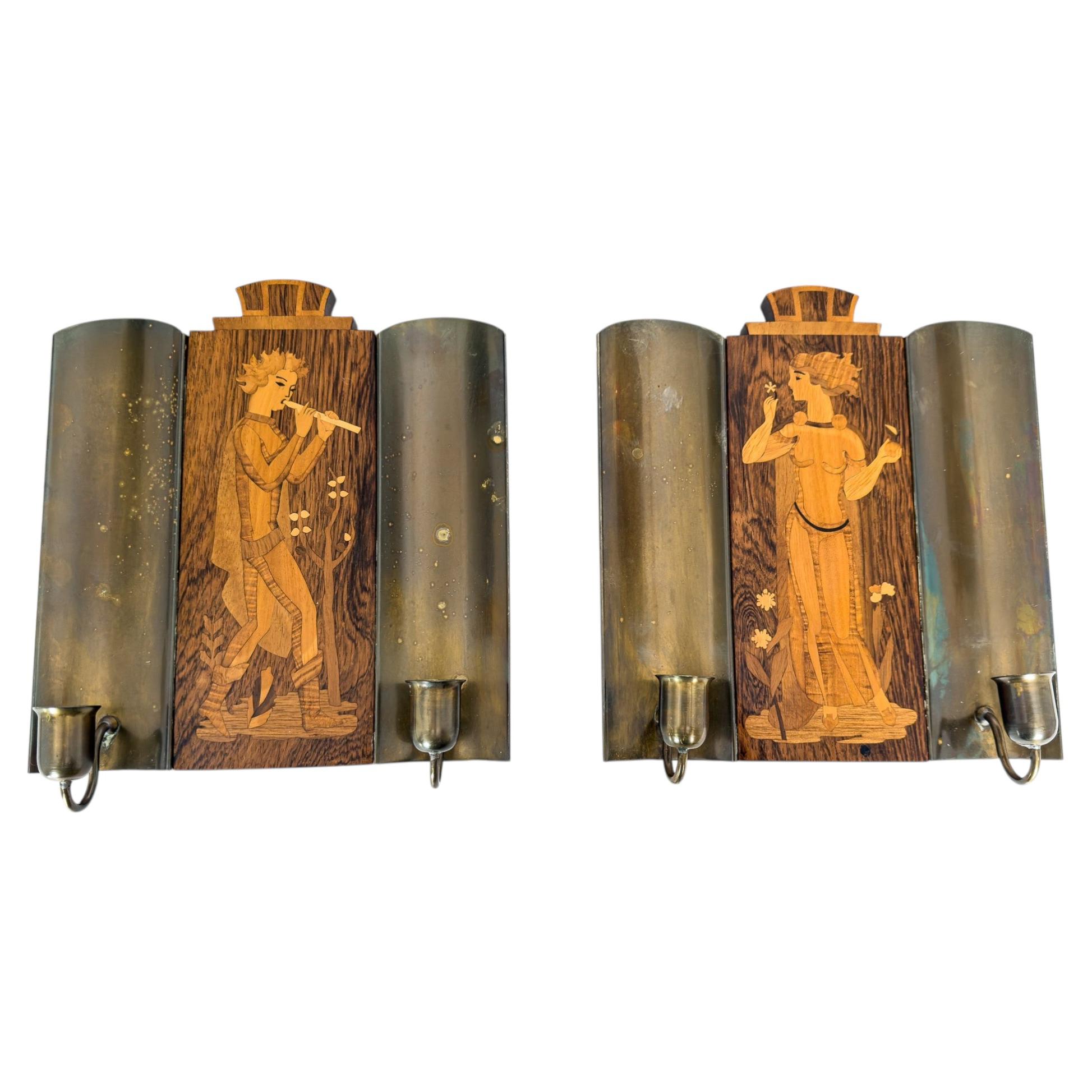 Pair of Swedish Mid-Century Wall Sconces, Mjölby Intarsia Wood Panels