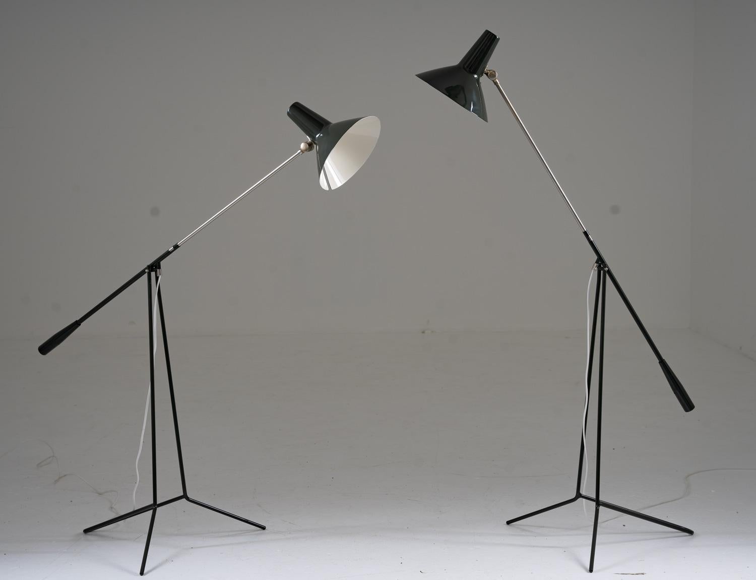 Beautiful floor lamps model E1780 by ASEA, Sweden, 1950s.
These rarely seen lamps consist of a tripod base, holding a chrome rod with a counter weight, that allows you to direct the light in almost any angle. 

Condition: Completely restored and