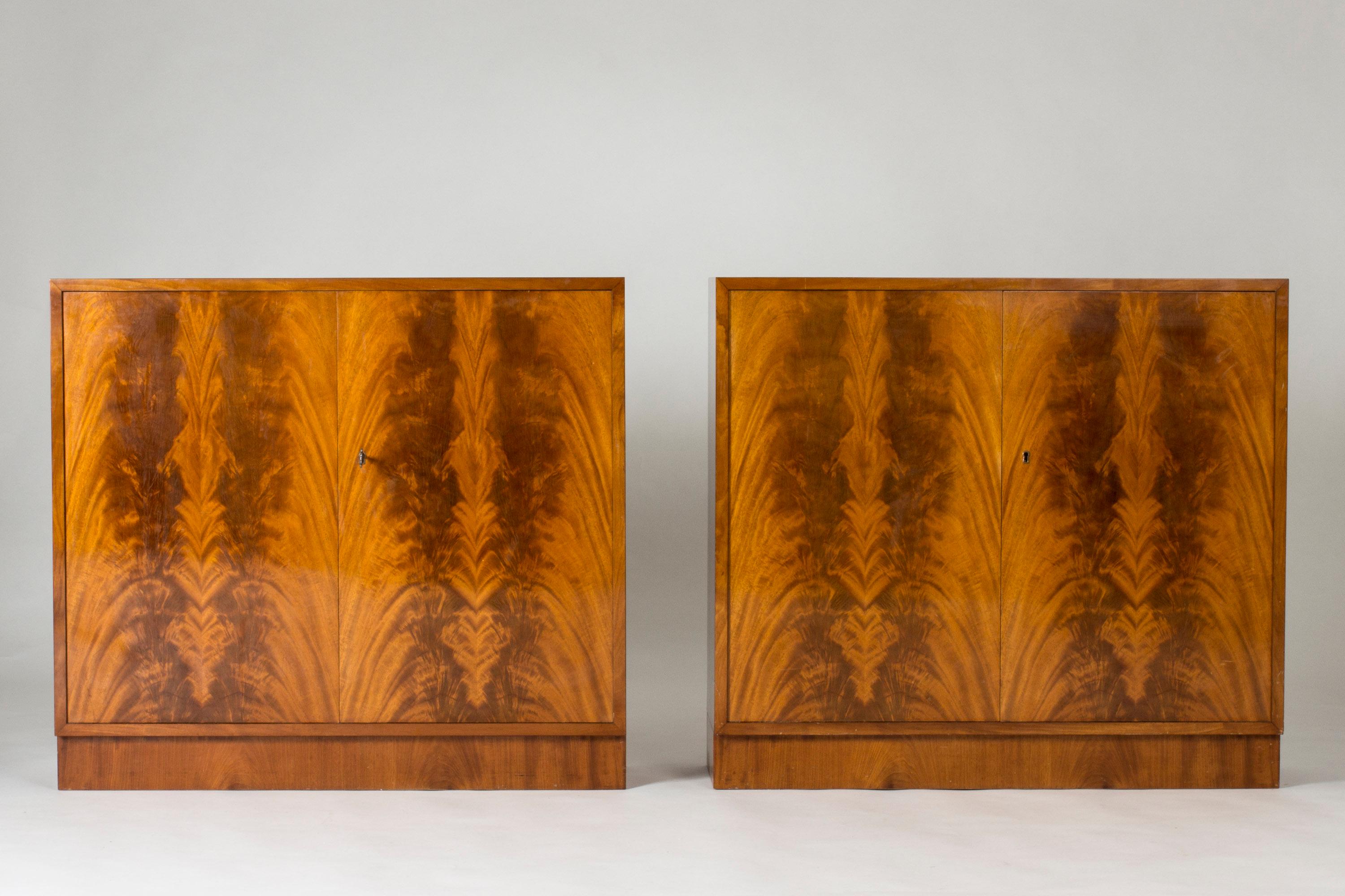 Pair of beautiful Swedish midcentury cabinets, with striking mahogany fronts. Low design, practical shelves inside.