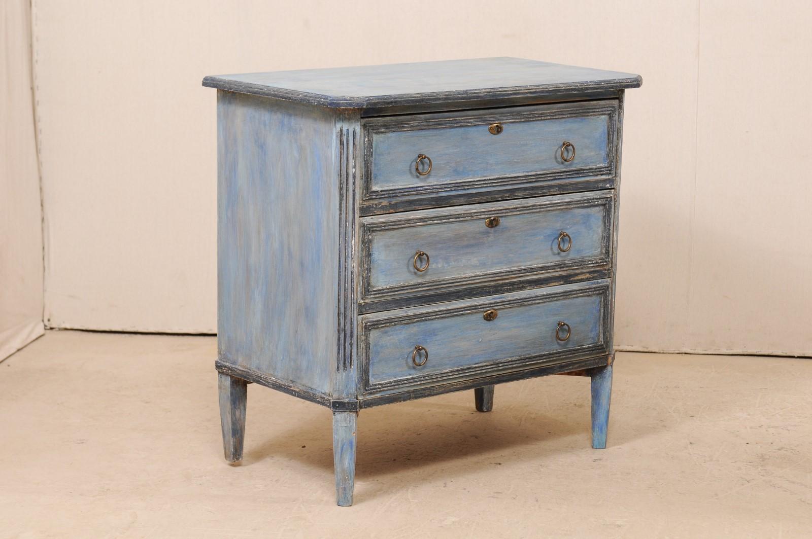 Carved Pair of Swedish Midcentury Painted Wood Three-Drawer Chests in Soft Blue Finish