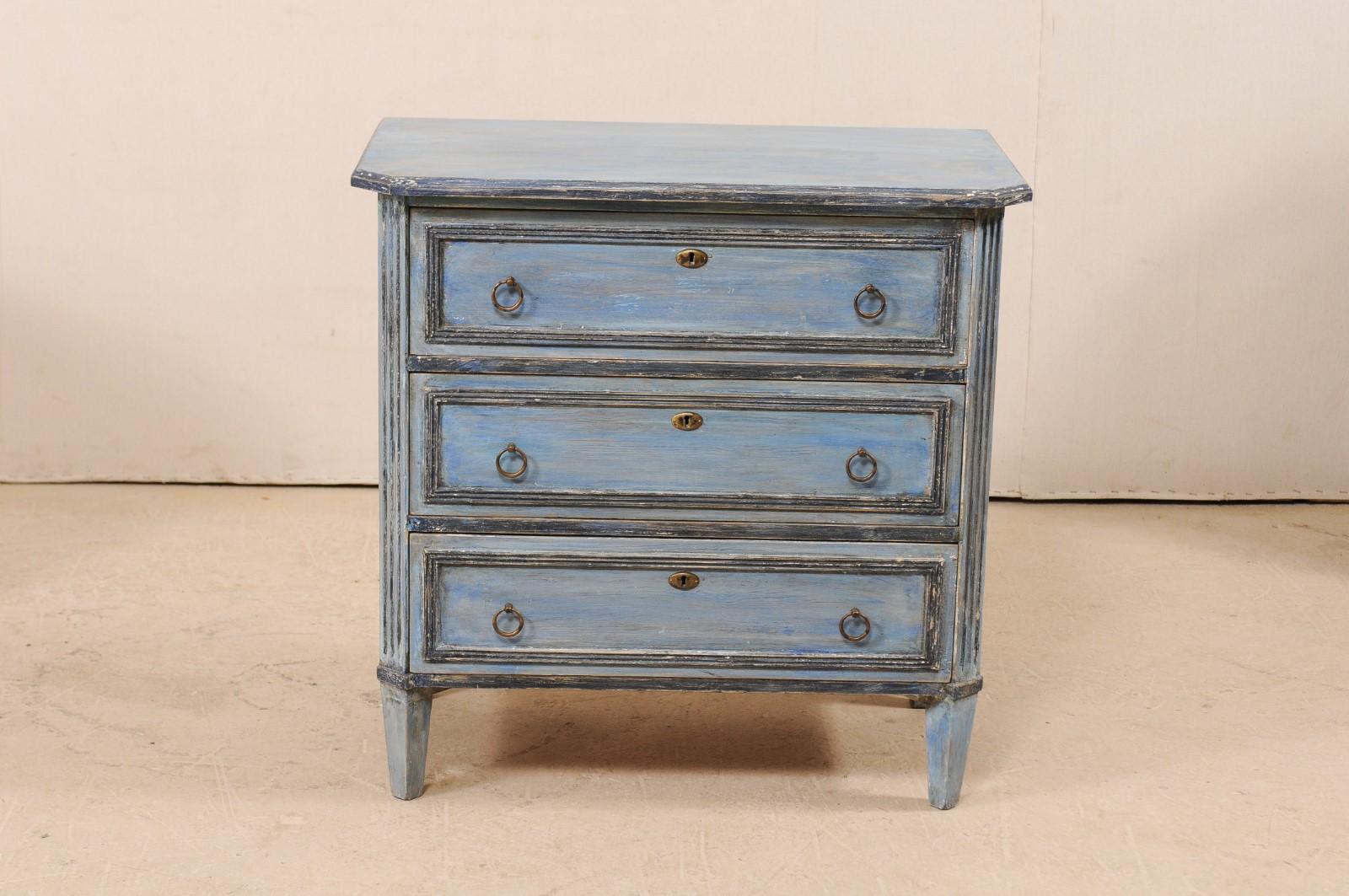 Pair of Swedish Midcentury Painted Wood Three-Drawer Chests in Soft Blue Finish In Good Condition In Atlanta, GA