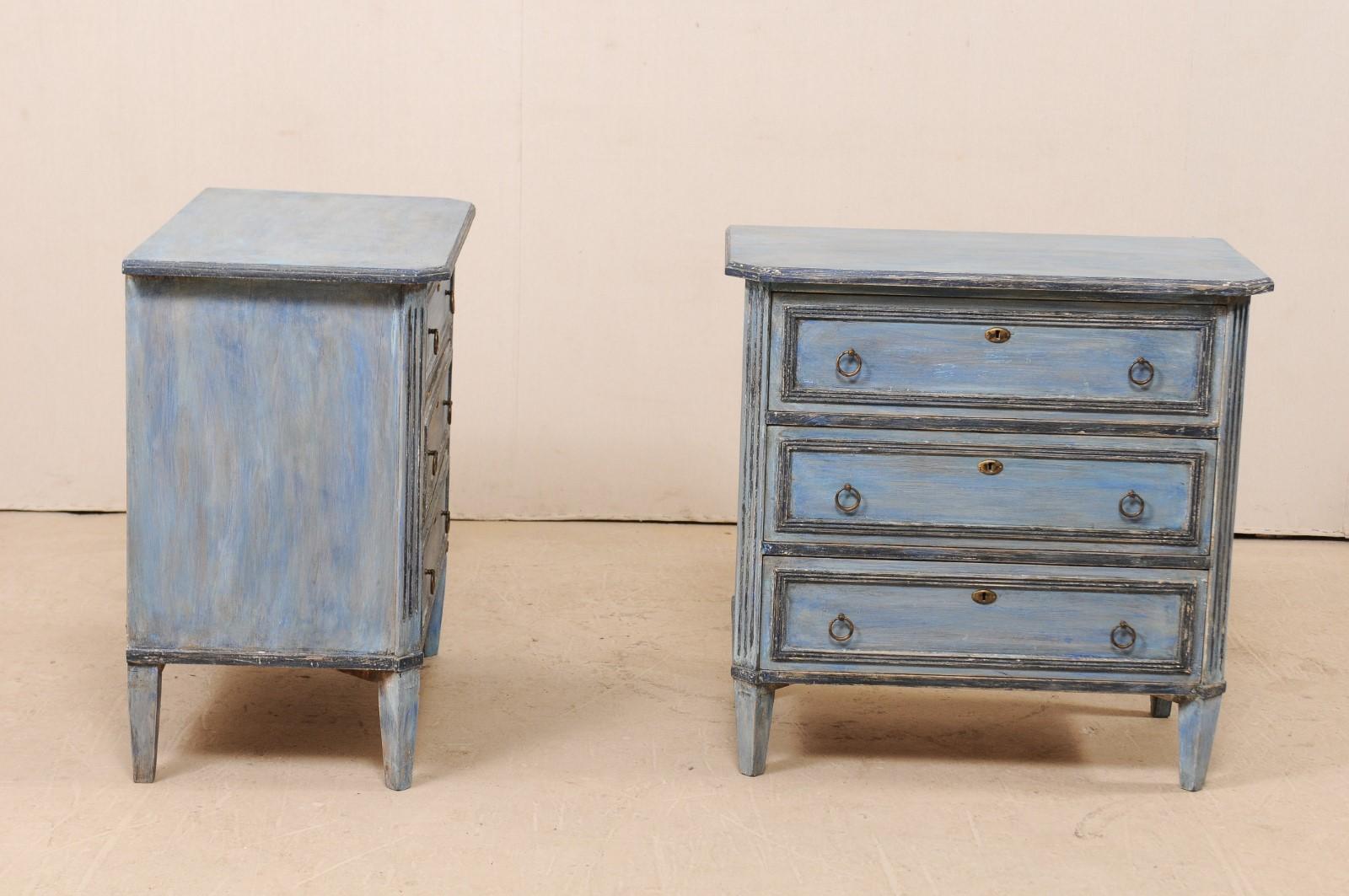 20th Century Pair of Swedish Midcentury Painted Wood Three-Drawer Chests in Soft Blue Finish