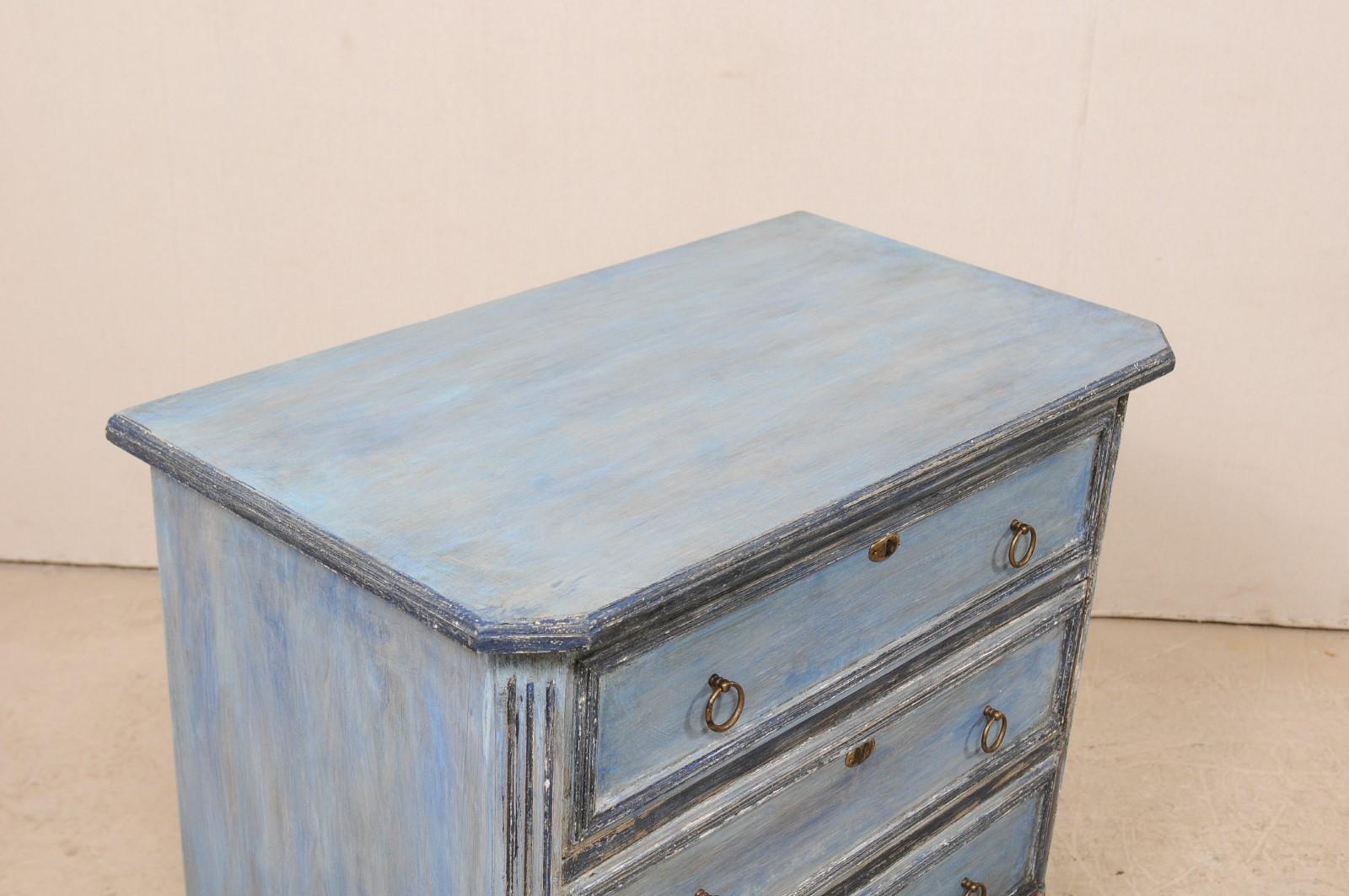 Metal Pair of Swedish Midcentury Painted Wood Three-Drawer Chests in Soft Blue Finish
