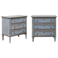 Pair of Swedish Midcentury Painted Wood Three-Drawer Chests in Soft Blue Finish
