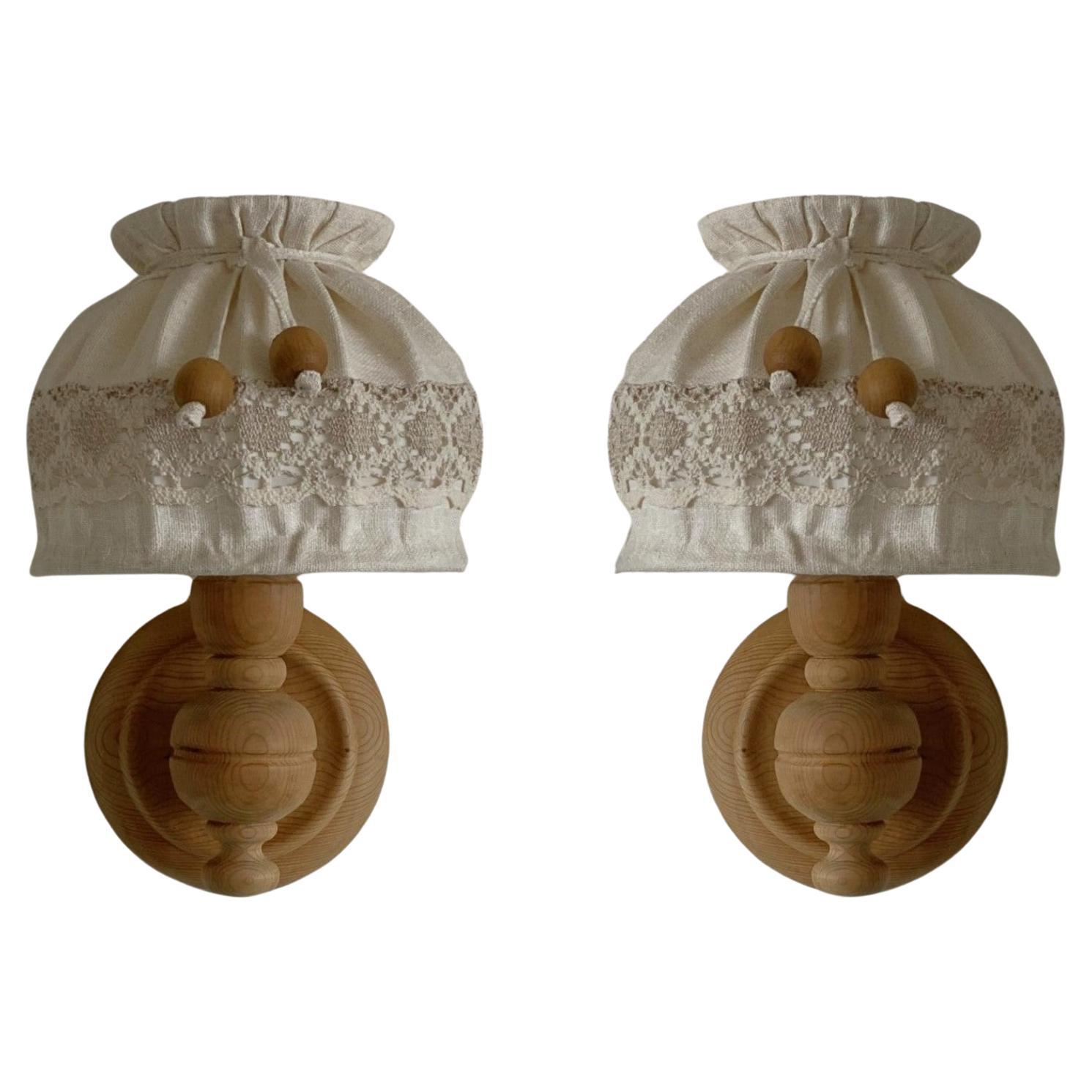 Pair of Swedish Midcentury Pine Wall Sconces with Linen Shades, Sweden, 1950s