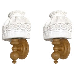 Pair of Swedish Midcentury Pine Wall Sconces with Linen Shades, Sweden, 1950s
