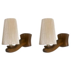 Pair Swedish Designer Pine Wall Sconces with Pleated Shades, Sweden, 1950s