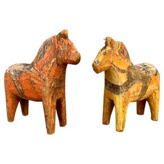 Antique Pair of Swedish Miniature Folk Art Dala Horses, Early 19th Century