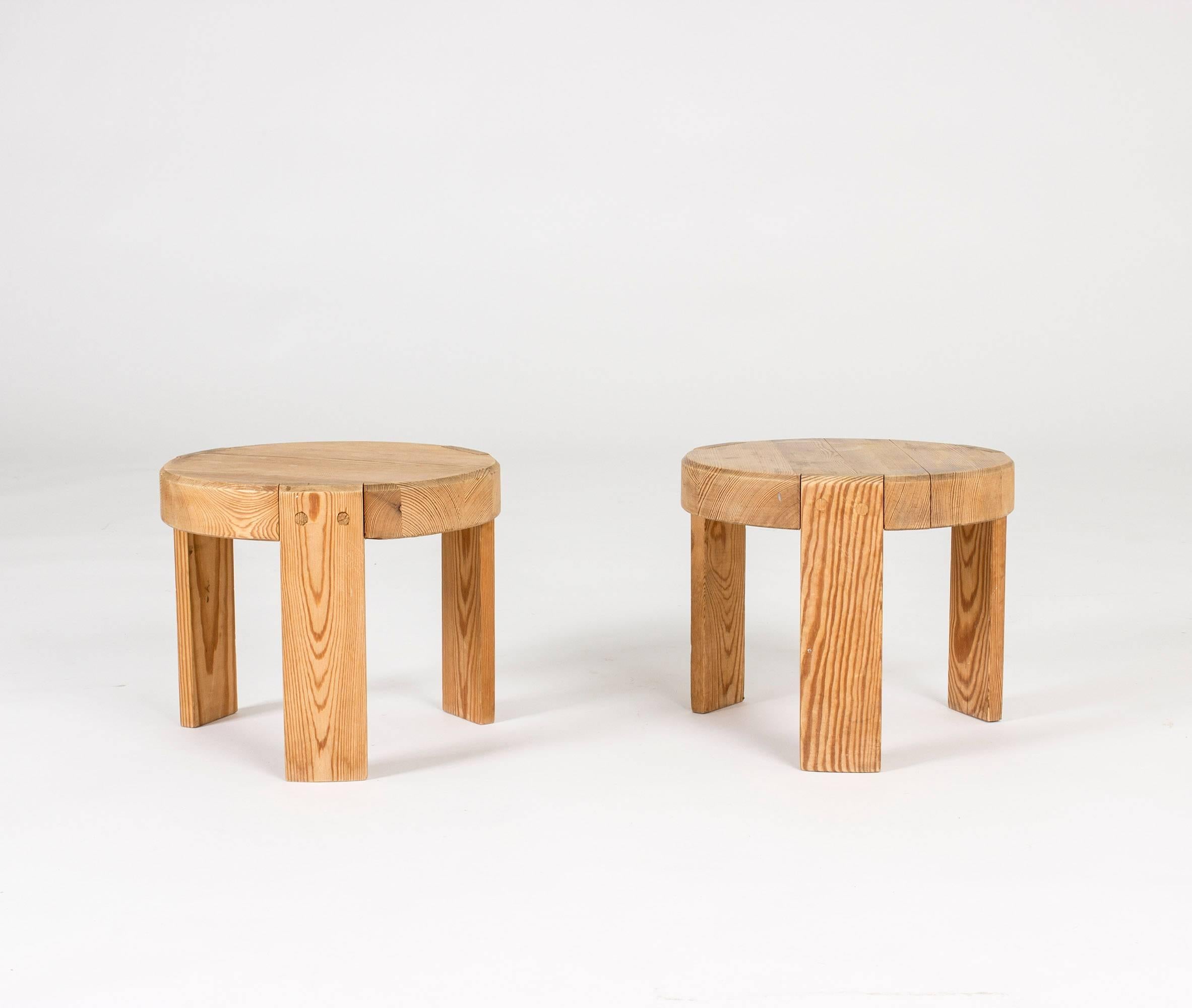 Pair of cool Swedish 1930s miniature stools, made from pine. Nice angles and proportions and contrasting directions of the wood grain.