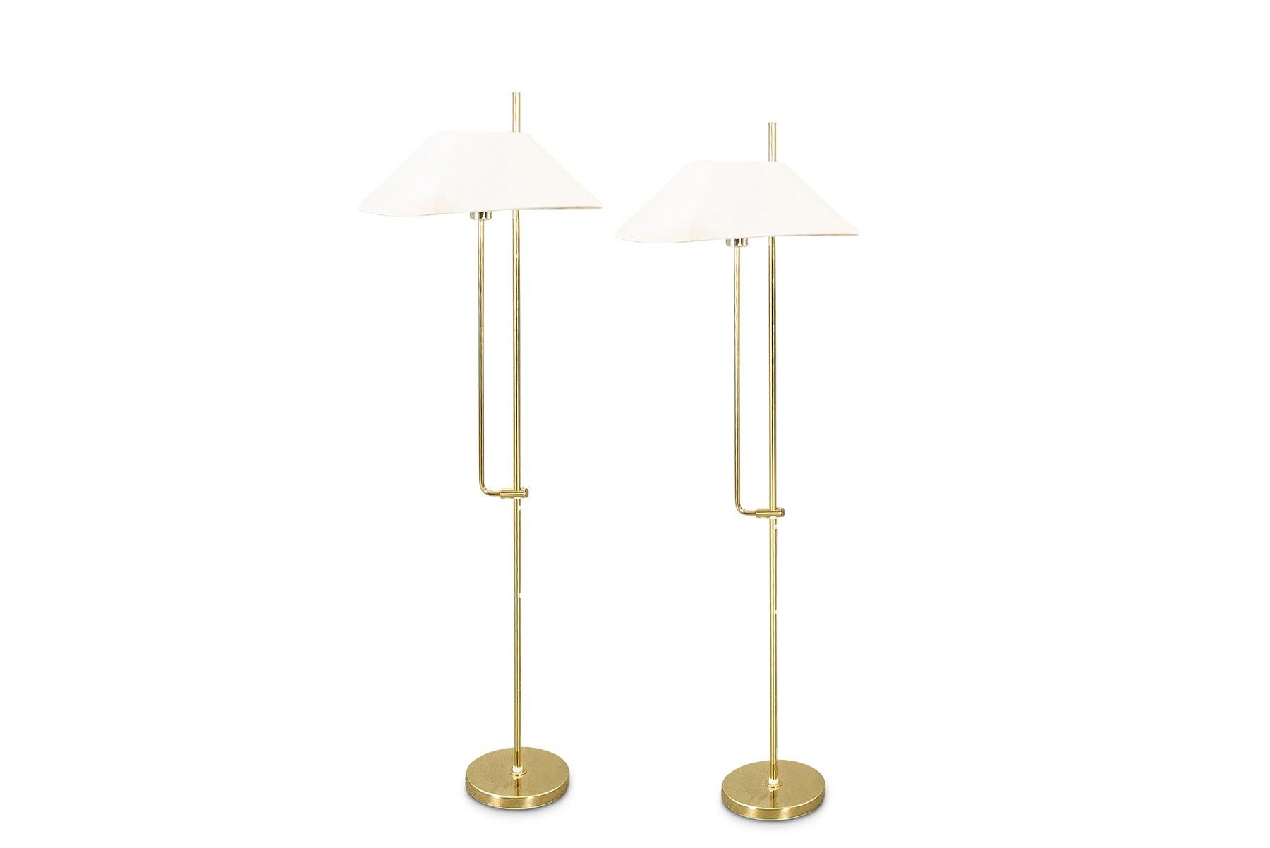 20th Century Pair of Swedish Modern Adjustable Height Floor Lamps in Brass