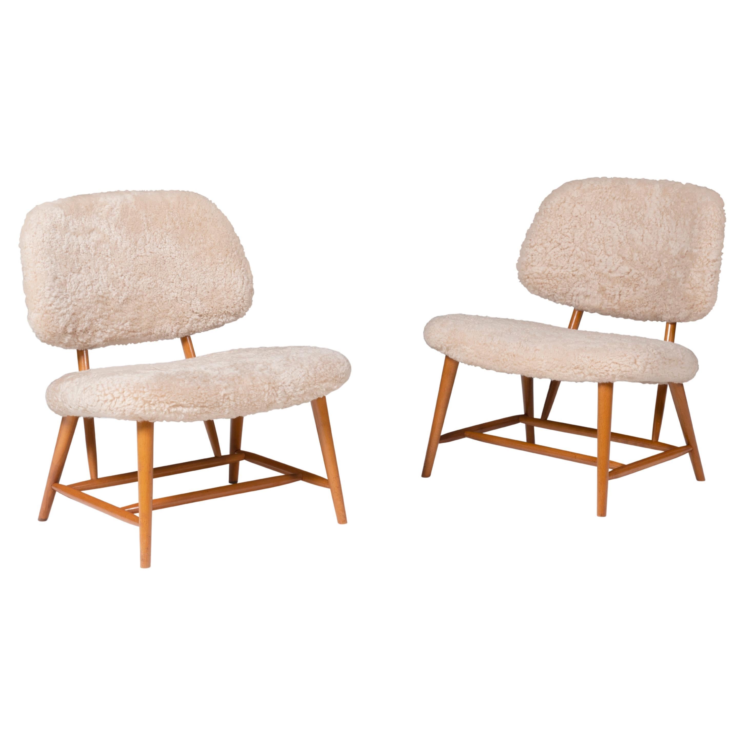 Pair of Swedish Modern Alf Svensson "Teve" Chair Reupholstered in Sheepskin