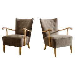 Vintage Pair of Swedish Modern Armchairs in Beech and Striped Wool Fabric, 1940s 