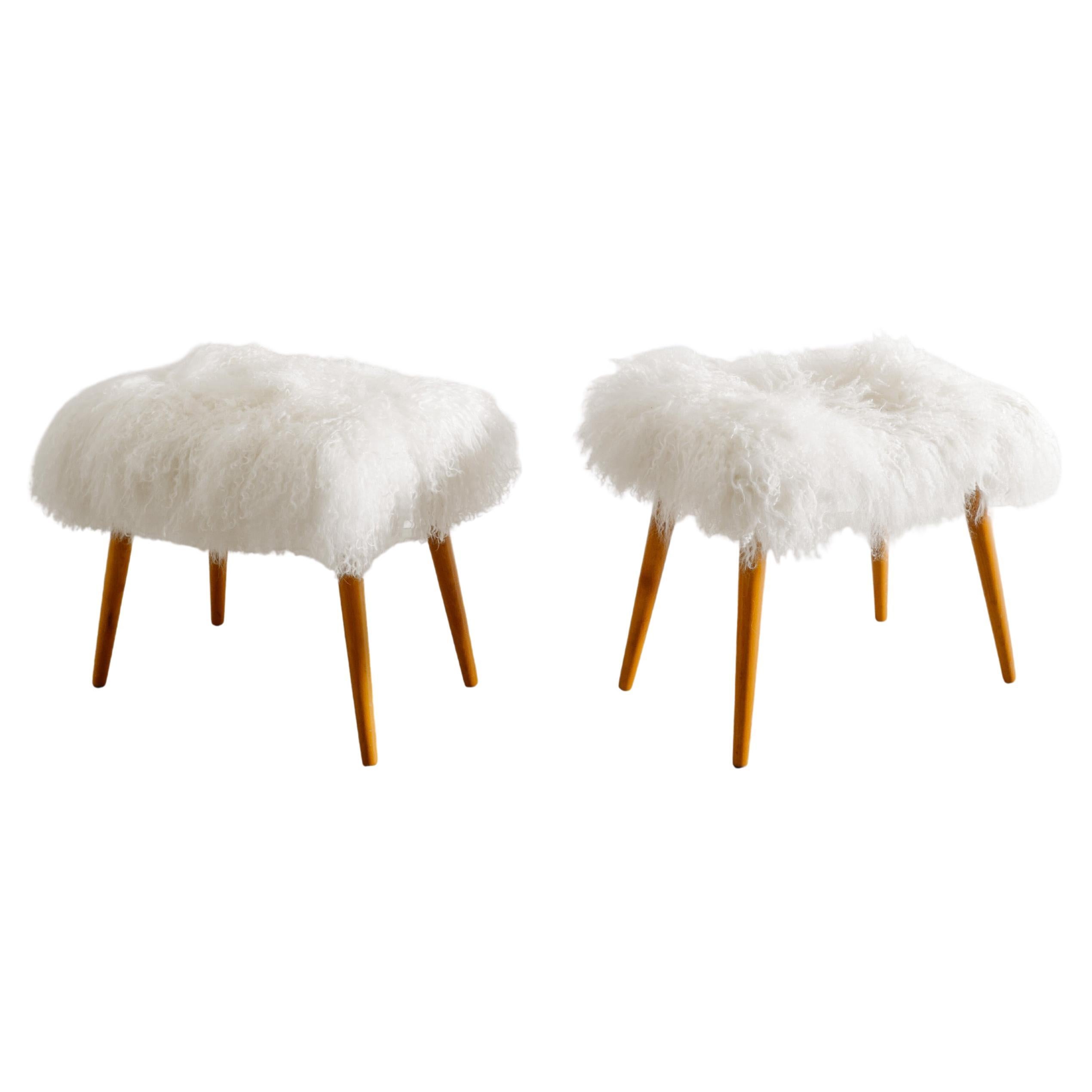 Pair of Swedish Modern Beech Wood & Sheepskin Stools Produced in Sweden, 1960s