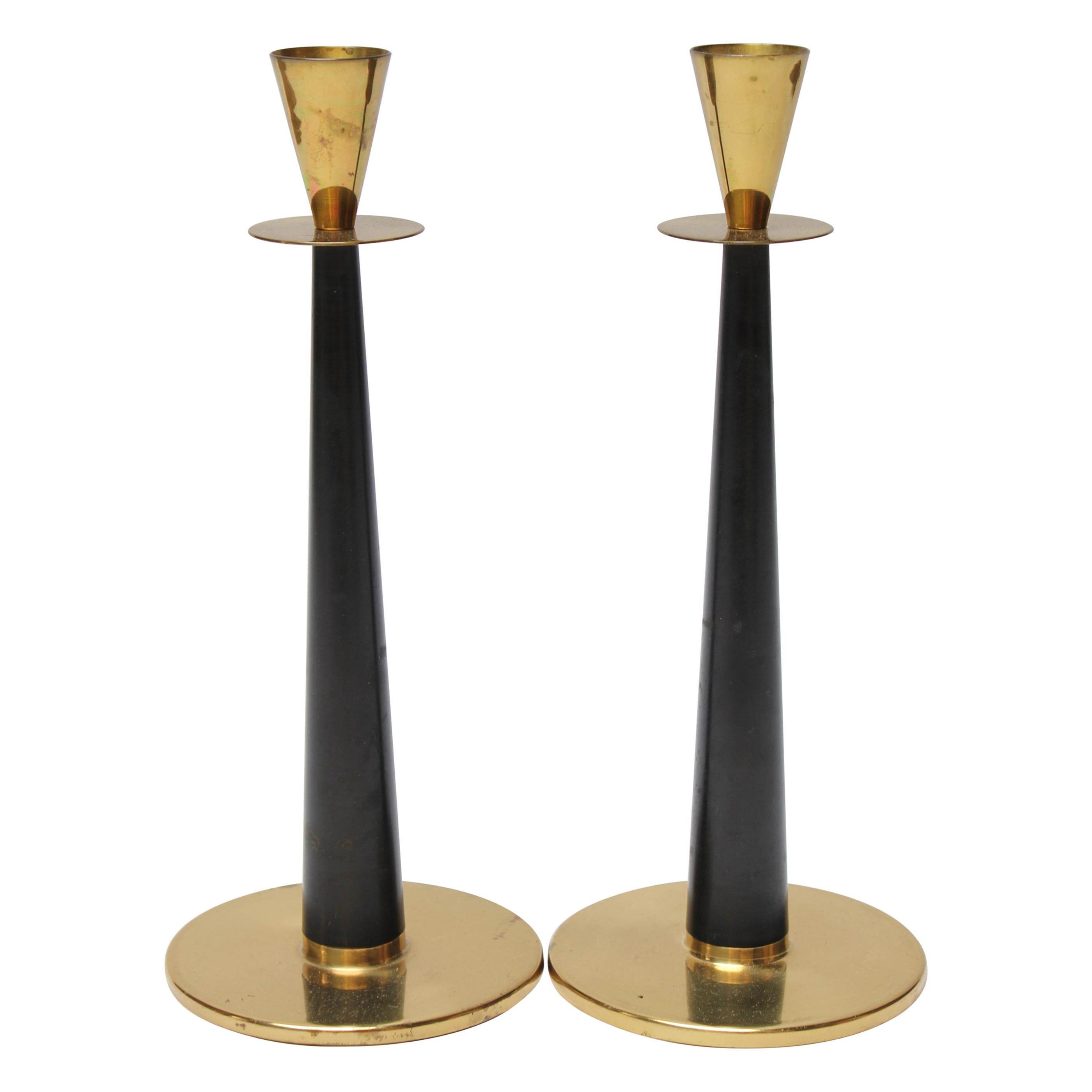 Pair of Swedish Modern Brass and Bakelite Candlesticks by Nils Johan
