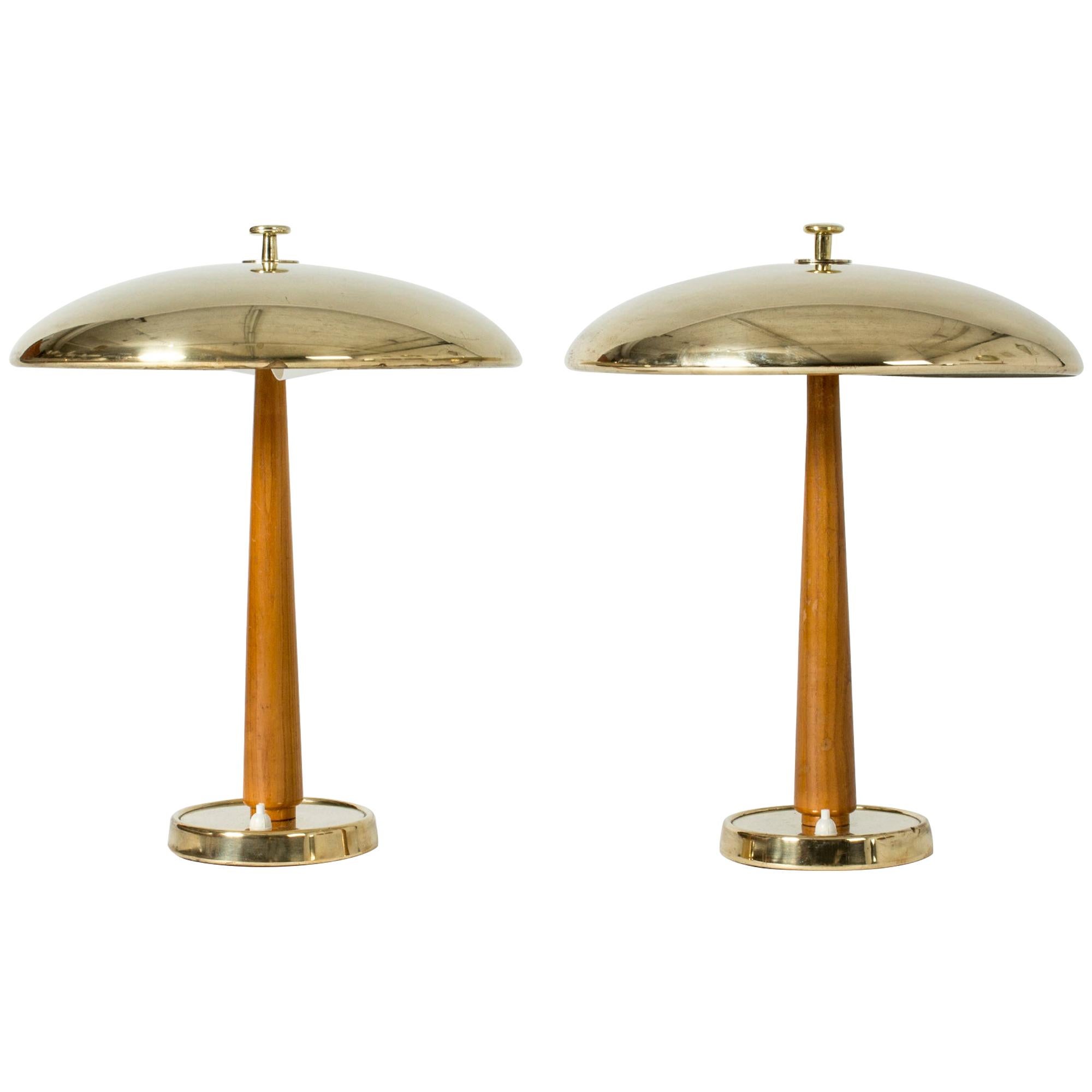 Pair of Swedish Modern Brass and Wood Table Lamps from Nordiska Kompaniet