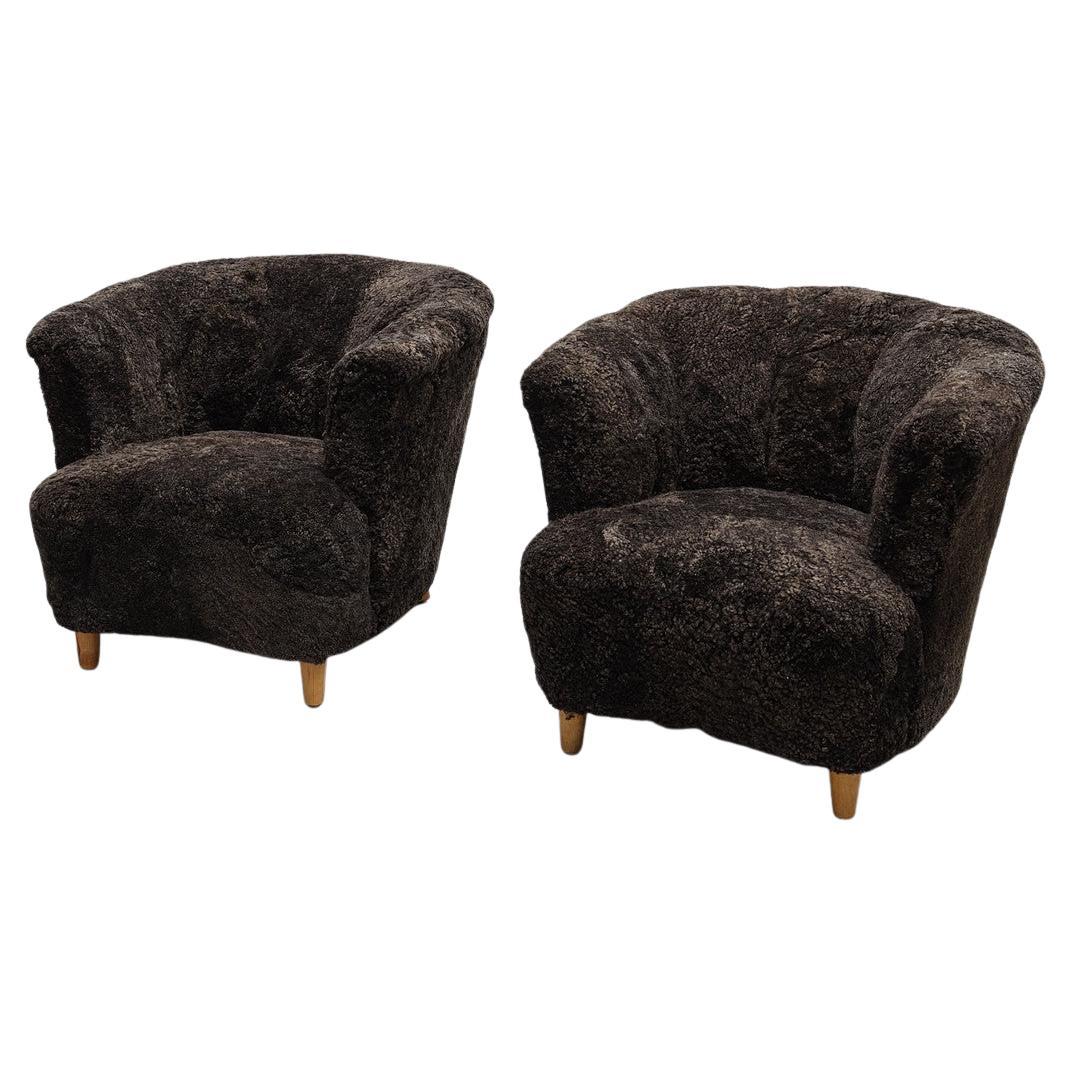 Pair of Swedish Modern Curved Armchairs in Dark Brown Sheepskin Produced 1940s