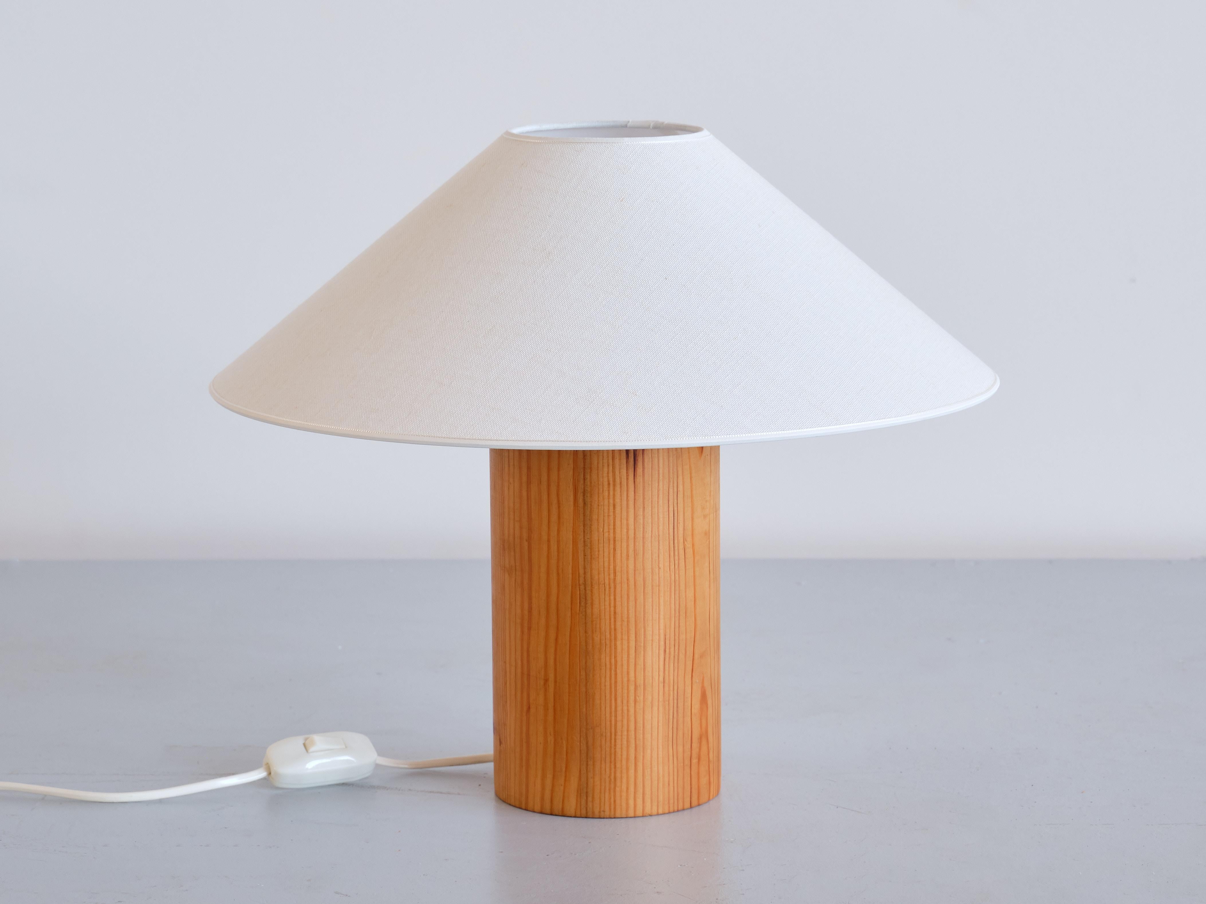 Fabric Pair of Swedish Modern Cylinder Shaped Table Lamps in Solid Pine Wood, 1960s